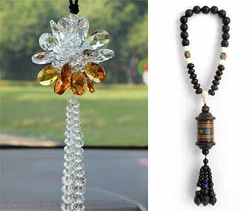 黄色水晶车挂和木质佛珠车挂